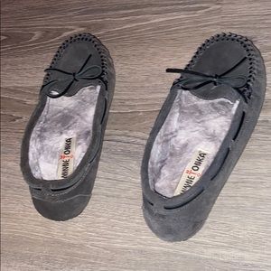 dark grey moccasin slippers